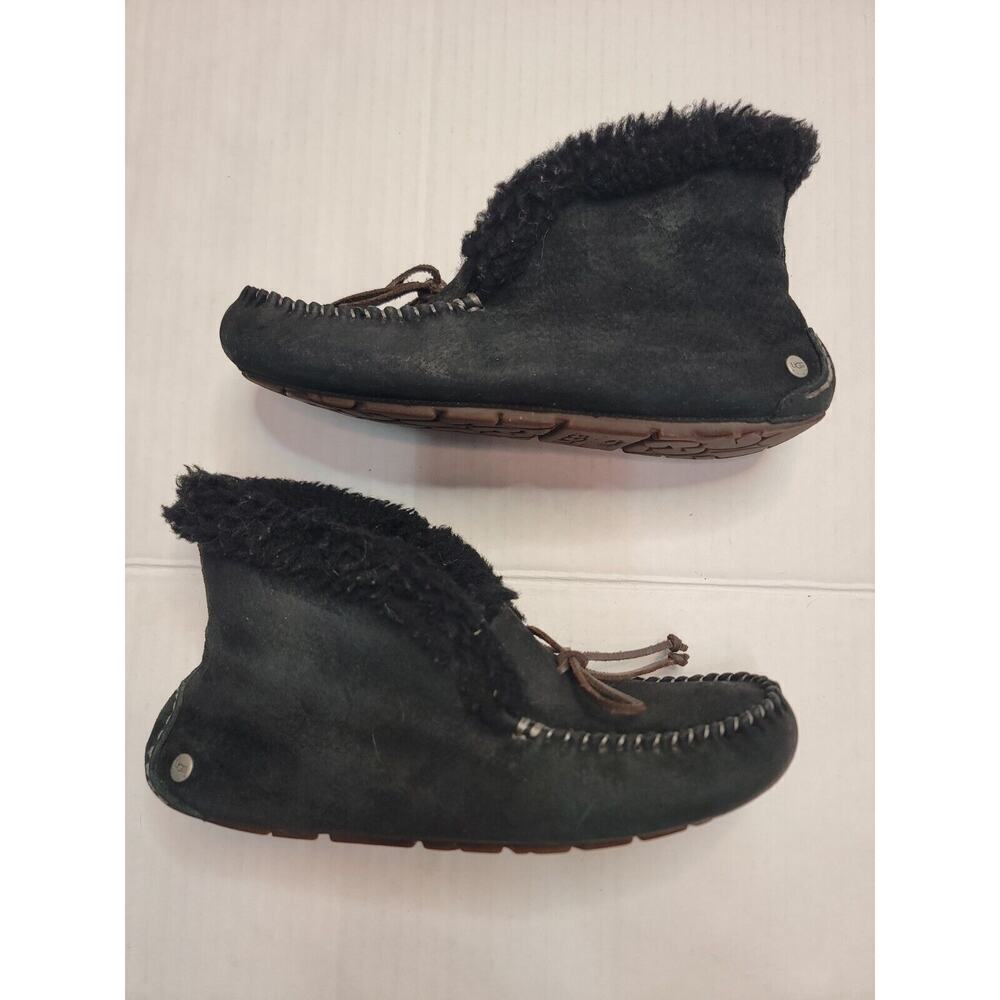 Ugg Womens SZ 7 Alena Black Suede Slippers Sheepskin Comfort Shoes 1004806